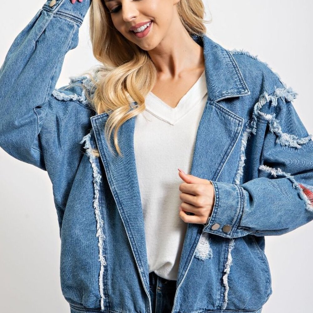 Easel Distressed Blue Denim Jacket NWOT. BRAND NEW. Large. - Picture 4 of 5